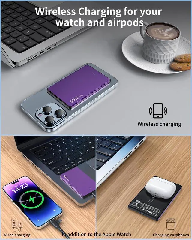 Alt view image 7 of 7 - Wireless Portable Charger,5000mAh Slim Magnetic Power Bank Phone Charger with USB-C Cable, PD 20W Fast Charging Mag-Safe Battery Pack Travel Charger for Phone 17 16 15 14 13 Pro Max(Purple)