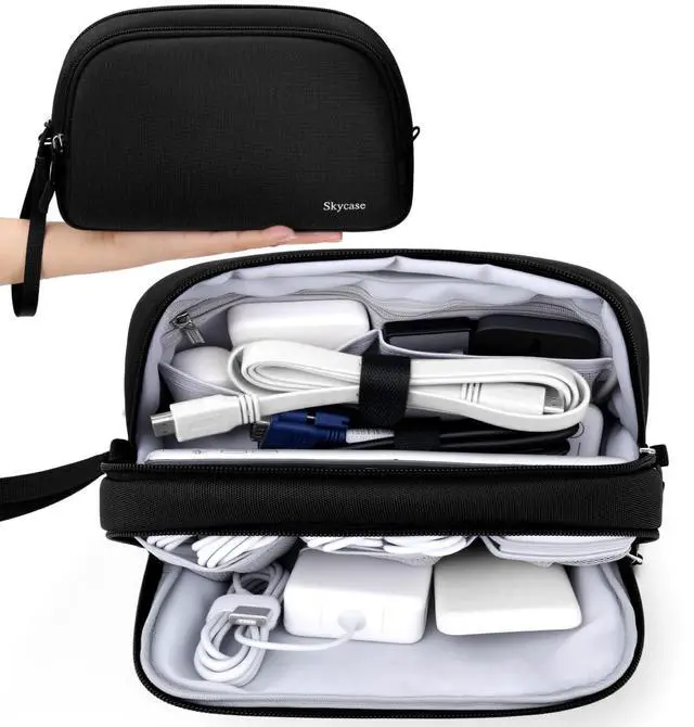 Main image of Travel Cable Organizer - Lightweight Water Resistant Dual-Layer Tech Pouch with Wrist Strap 9 Compartments Electronic Organizer Travel Case for Charger Cord Hard Drive,Large,Black
