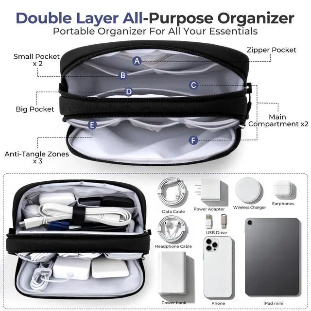 Alt view image 2 of 7 - Travel Cable Organizer - Lightweight Water Resistant Dual-Layer Tech Pouch with Wrist Strap 9 Compartments Electronic Organizer Travel Case for Charger Cord Hard Drive,Large,Black