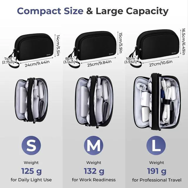 Alt view image 3 of 7 - Travel Cable Organizer - Lightweight Water Resistant Dual-Layer Tech Pouch with Wrist Strap 9 Compartments Electronic Organizer Travel Case for Charger Cord Hard Drive,Large,Black