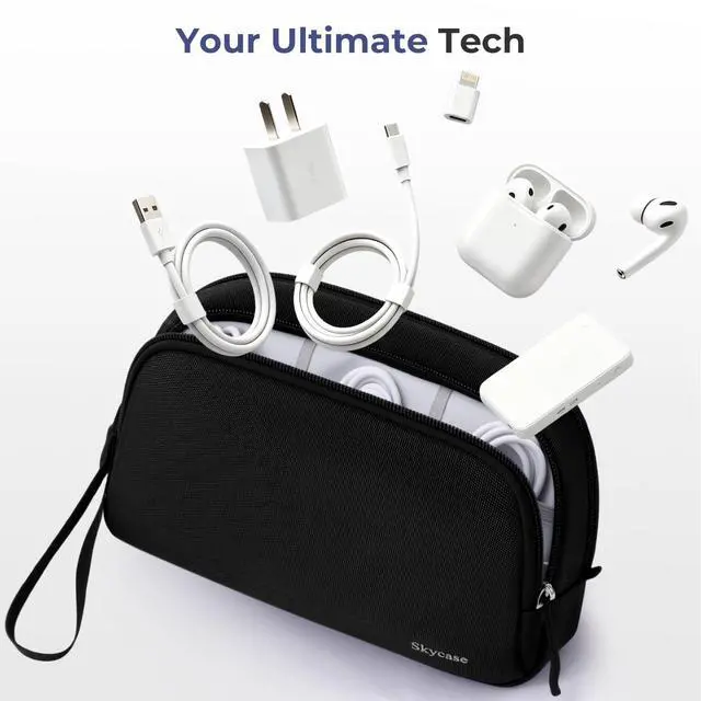 Alt view image 5 of 7 - Travel Cable Organizer - Lightweight Water Resistant Dual-Layer Tech Pouch with Wrist Strap 9 Compartments Electronic Organizer Travel Case for Charger Cord Hard Drive,Large,Black