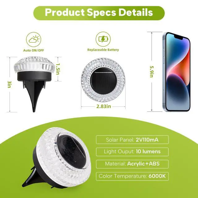 Alt view image 5 of 7 - Solar Ground Lights Outdoor, 8 Pack 2.8 inch Solar Powered Pathway Lights IP67 Waterproof Anti Glare Diamond Solar Garden Lights Landscape Lighting for Patio Yard Deck Walkway, Cold White