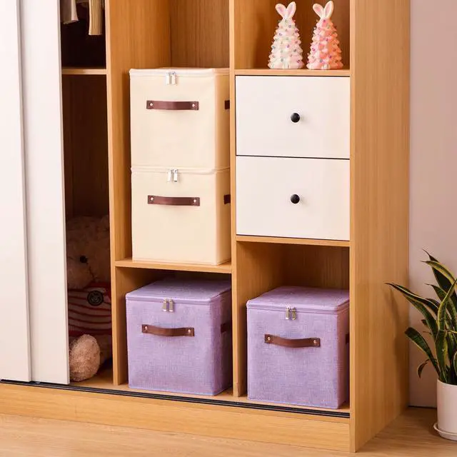 Alt view image 4 of 7 - 2PCS Storage Cubes with Lids Cotton Linen Fabric Bins Boxes