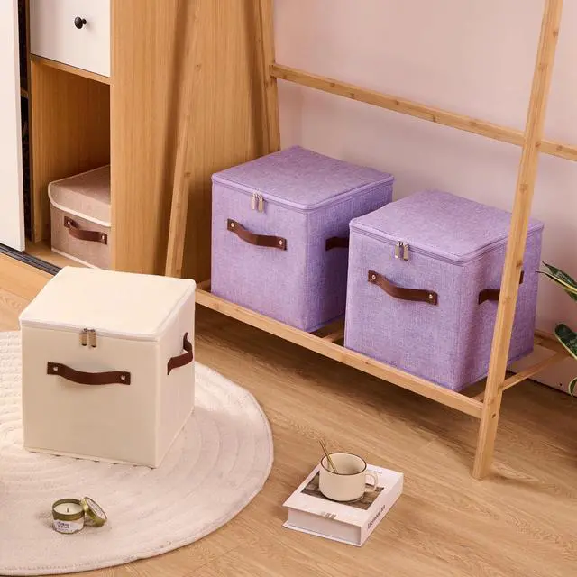 Alt view image 5 of 7 - 2PCS Storage Cubes with Lids Cotton Linen Fabric Bins Boxes