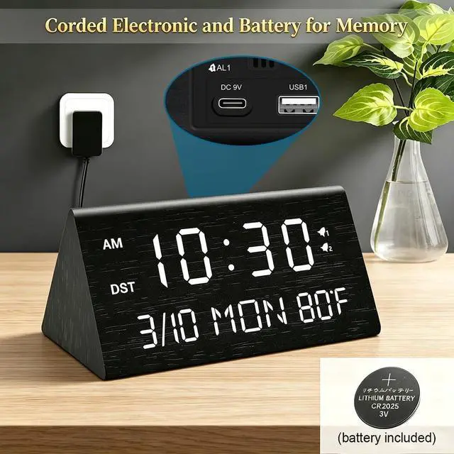 Alt view image 2 of 7 - Premium Wooden Digital Alarm Clock with USB Charging Ports, Dimmable LED Display, Date, Day of Week, Temperature, DST, Clocks for Bedrooms, Desk, Nightstand, Bedside, Table, Office, Living Room Decor