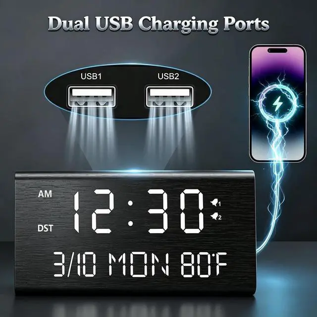 Alt view image 3 of 7 - Premium Wooden Digital Alarm Clock with USB Charging Ports, Dimmable LED Display, Date, Day of Week, Temperature, DST, Clocks for Bedrooms, Desk, Nightstand, Bedside, Table, Office, Living Room Decor