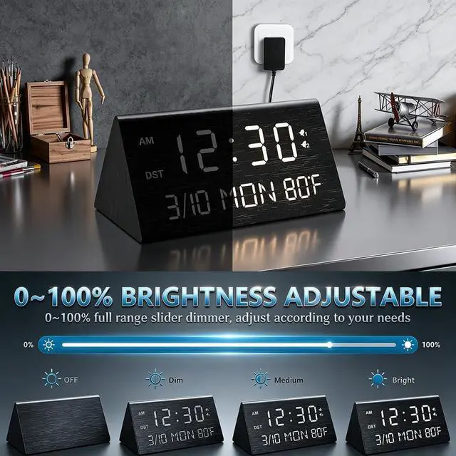 Alt view image 4 of 7 - Premium Wooden Digital Alarm Clock with USB Charging Ports, Dimmable LED Display, Date, Day of Week, Temperature, DST, Clocks for Bedrooms, Desk, Nightstand, Bedside, Table, Office, Living Room Decor