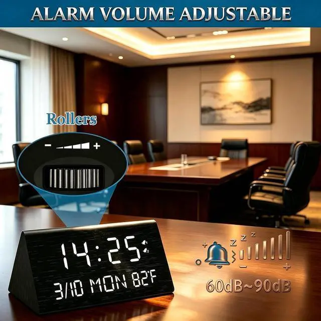 Alt view image 6 of 7 - Premium Wooden Digital Alarm Clock with USB Charging Ports, Dimmable LED Display, Date, Day of Week, Temperature, DST, Clocks for Bedrooms, Desk, Nightstand, Bedside, Table, Office, Living Room Decor