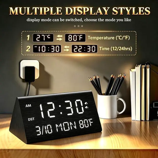 Alt view image 7 of 7 - Premium Wooden Digital Alarm Clock with USB Charging Ports, Dimmable LED Display, Date, Day of Week, Temperature, DST, Clocks for Bedrooms, Desk, Nightstand, Bedside, Table, Office, Living Room Decor