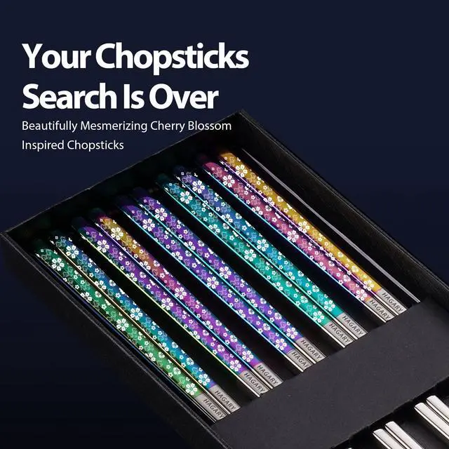 Alt view image 2 of 7 - Cherry Blossom Rainbow Chopsticks Metal Chopsticks Reusable Designed In Korea Japanese Style Stainless Steel 316 18/10 Non-Slip Dishwasher Safe (5 Pairs)