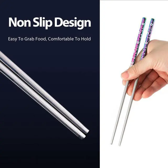 Alt view image 3 of 7 - Cherry Blossom Rainbow Chopsticks Metal Chopsticks Reusable Designed In Korea Japanese Style Stainless Steel 316 18/10 Non-Slip Dishwasher Safe (5 Pairs)