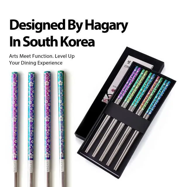 Alt view image 5 of 7 - Cherry Blossom Rainbow Chopsticks Metal Chopsticks Reusable Designed In Korea Japanese Style Stainless Steel 316 18/10 Non-Slip Dishwasher Safe (5 Pairs)