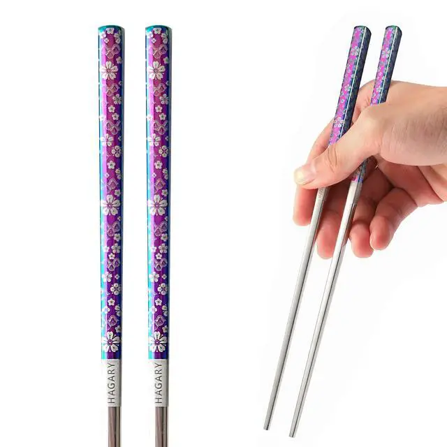 Alt view image 7 of 7 - Cherry Blossom Rainbow Chopsticks Metal Chopsticks Reusable Designed In Korea Japanese Style Stainless Steel 316 18/10 Non-Slip Dishwasher Safe (5 Pairs)
