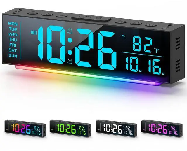 Main image of Digital Clock, Alarm Clock for Bedroom, Digital Wall Clocks for Classroom, Living Room Decor, Desk Clock Large Display, 13 Number Display Colors, 12 Ambient Light Colors, Auto Dimming, DST (Black)
