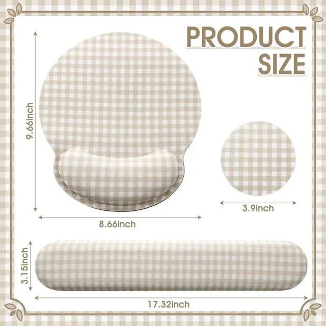 Alt view image 2 of 6 - Wrist Rest Support for Mouse Pad&Keyboard Set, Khaki Gingham Checkered Circle Curved Ergonomic Mousepad&Coaster Non-Slip Base Design for Office Home Laptop Desktop Computer Keyboard