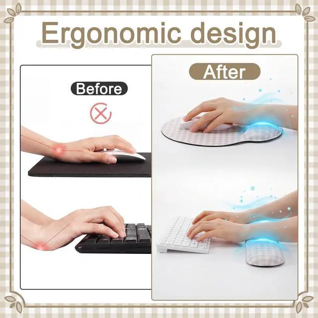 Alt view image 4 of 6 - Wrist Rest Support for Mouse Pad&Keyboard Set, Khaki Gingham Checkered Circle Curved Ergonomic Mousepad&Coaster Non-Slip Base Design for Office Home Laptop Desktop Computer Keyboard