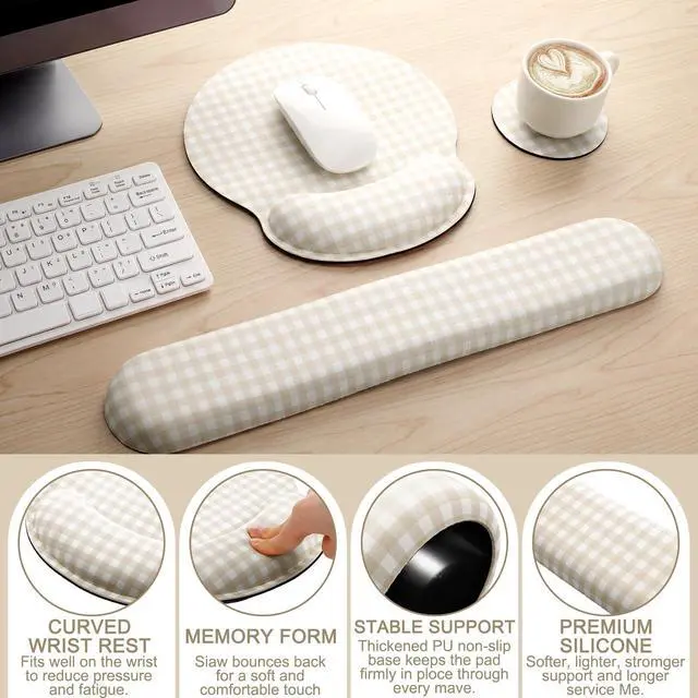 Alt view image 3 of 6 - Wrist Rest Support for Mouse Pad&Keyboard Set, Khaki Gingham Checkered Circle Curved Ergonomic Mousepad&Coaster Non-Slip Base Design for Office Home Laptop Desktop Computer Keyboard