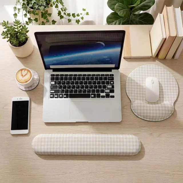 Alt view image 6 of 6 - Wrist Rest Support for Mouse Pad&Keyboard Set, Khaki Gingham Checkered Circle Curved Ergonomic Mousepad&Coaster Non-Slip Base Design for Office Home Laptop Desktop Computer Keyboard