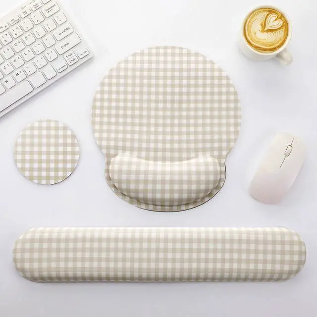 Alt view image 5 of 6 - Wrist Rest Support for Mouse Pad&Keyboard Set, Khaki Gingham Checkered Circle Curved Ergonomic Mousepad&Coaster Non-Slip Base Design for Office Home Laptop Desktop Computer Keyboard