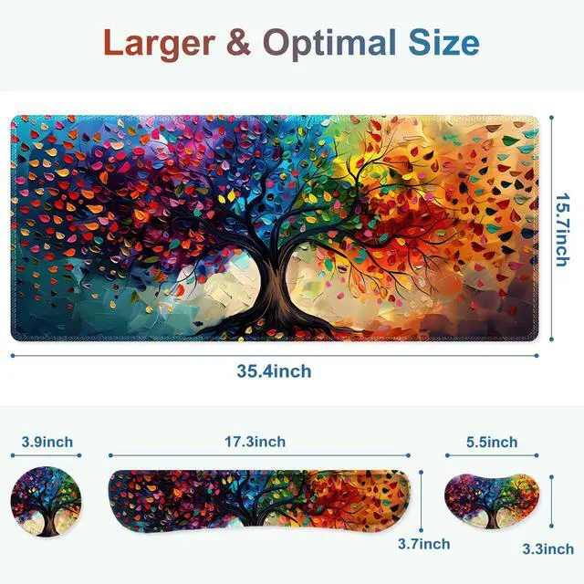 Alt view image 3 of 7 - Large Gaming Mouse Pad Set, 4 in 1 Ergonomics Keyboard Desk Mat with Memory Foam Wrist Rest, Computer Extended Game Mousepad, Non-Slip Desk Matt Easy Typing Pain Relief I Colorful Tree Leave