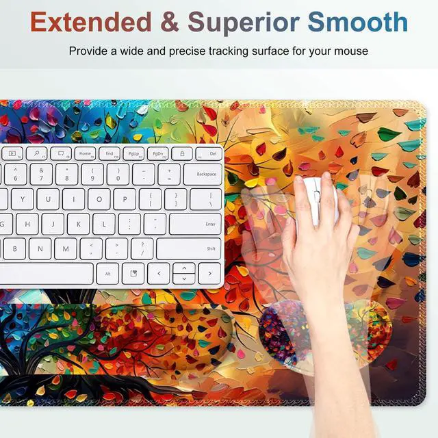 Alt view image 4 of 7 - Large Gaming Mouse Pad Set, 4 in 1 Ergonomics Keyboard Desk Mat with Memory Foam Wrist Rest, Computer Extended Game Mousepad, Non-Slip Desk Matt Easy Typing Pain Relief I Colorful Tree Leave