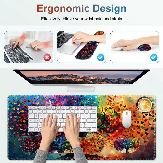 Alt view image 5 of 7 - Large Gaming Mouse Pad Set, 4 in 1 Ergonomics Keyboard Desk Mat with Memory Foam Wrist Rest, Computer Extended Game Mousepad, Non-Slip Desk Matt Easy Typing Pain Relief I Colorful Tree Leave