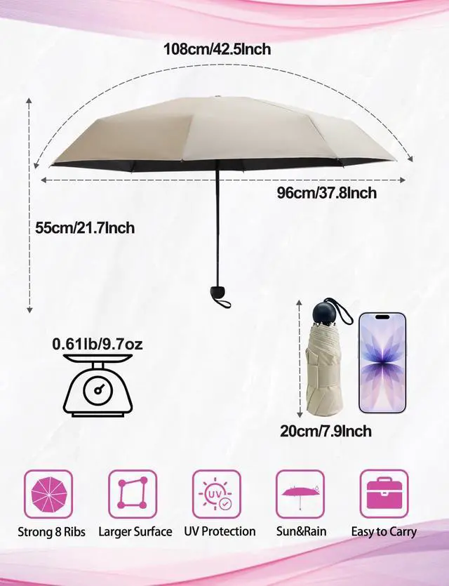 Alt view image 2 of 7 - Mini Travel Umbrella Compact Small Size, UV Protection for Sun & Rain, Lightweight Folding, Wind Resistant, Small Backpack Purse Size for Women Kids(Beige)