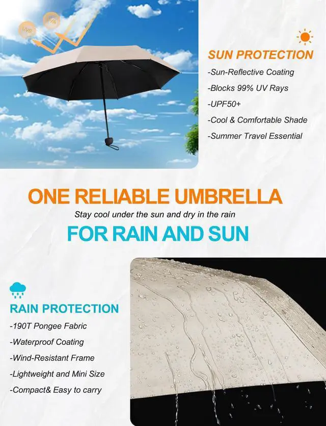 Alt view image 3 of 7 - Mini Travel Umbrella Compact Small Size, UV Protection for Sun & Rain, Lightweight Folding, Wind Resistant, Small Backpack Purse Size for Women Kids(Beige)