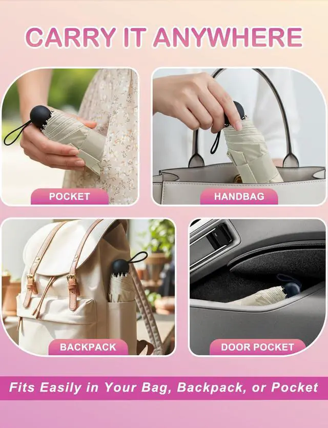 Alt view image 5 of 7 - Mini Travel Umbrella Compact Small Size, UV Protection for Sun & Rain, Lightweight Folding, Wind Resistant, Small Backpack Purse Size for Women Kids(Beige)