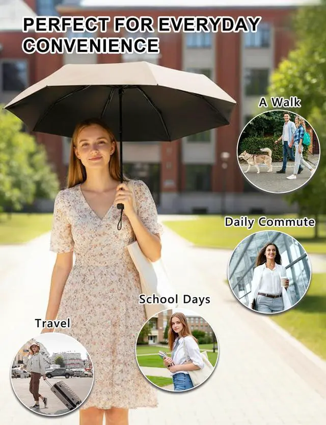 Alt view image 6 of 7 - Mini Travel Umbrella Compact Small Size, UV Protection for Sun & Rain, Lightweight Folding, Wind Resistant, Small Backpack Purse Size for Women Kids(Beige)