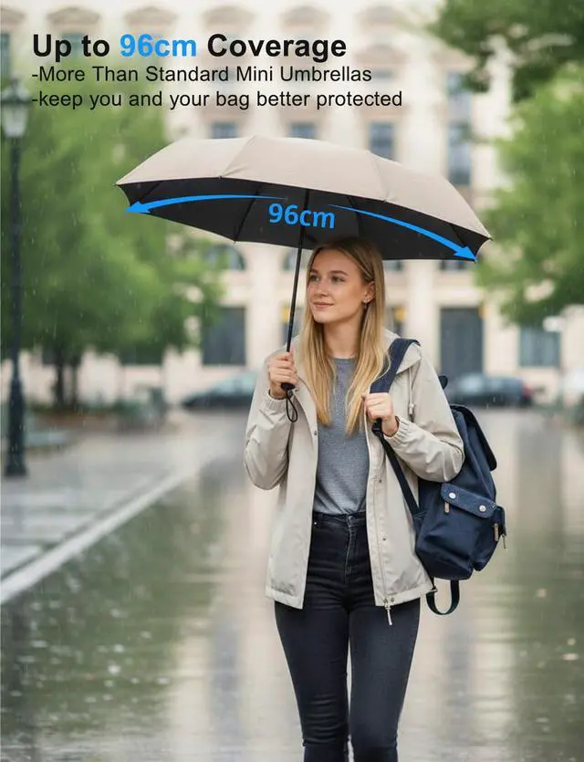 Alt view image 7 of 7 - Mini Travel Umbrella Compact Small Size, UV Protection for Sun & Rain, Lightweight Folding, Wind Resistant, Small Backpack Purse Size for Women Kids(Beige)