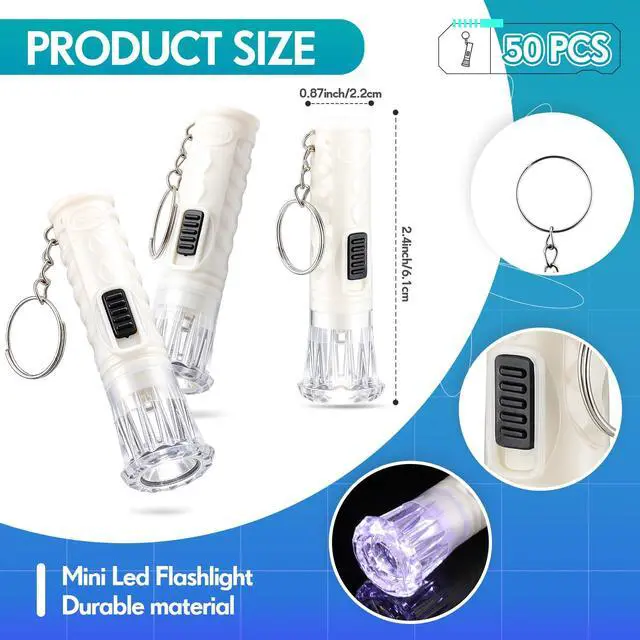 Alt view image 2 of 6 - 50 Pcs Mini Flashlight Keychains Bulk with Lanyard Portable Small Plastic LED Key Chains Flashlights for Night Reading Emergency Hurricane Camping Hiking Party Favors(White,Simple)