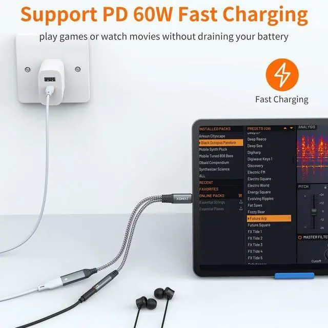 Alt view image 3 of 6 - USB C to 3.5mm Headphone and Charger Adapter, 2-in-1 USB Type C to Aux Jack Dongle Cable with PD 60W Fast Charging for iPhone 15 16 17 Pro Max Air, Samsung Galaxy S23 S24 S25 Ultra, Note 20, iPad Pro