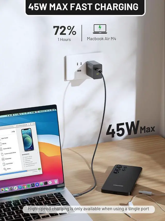 Alt view image 7 of 7 - 45W Dual USB C Fast Charger, Compact GaN PD PPS Fast Charging Block | 2 USB-C Ports, Foldable Plug, Travel Wall Adapter, PD Fast Charging for iPhone 17/16/15, Galaxy S26/S25, iPad & MacBook Air