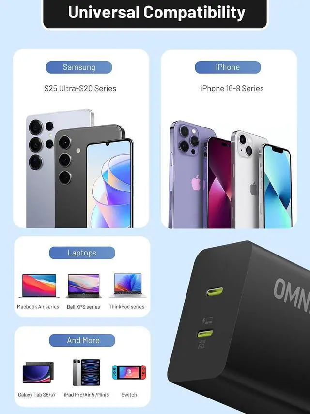 Alt view image 3 of 7 - 45W Dual USB C Fast Charger, Compact GaN PD PPS Fast Charging Block | 2 USB-C Ports, Foldable Plug, Travel Wall Adapter, PD Fast Charging for iPhone 17/16/15, Galaxy S26/S25, iPad & MacBook Air