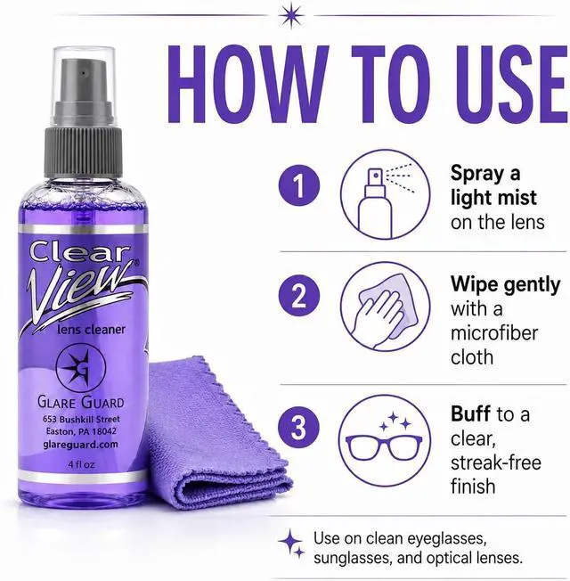 Alt view image 5 of 7 - Glare Guard Clear View Lens Cleaner with Microfiber Cloth, Anti-Streak Glasses Cleaner Spray, Pro-Grade Eyeglass & Sunglass Cleaner, Alcohol-Free Screen & Camera Lens Solution, Smudge-Free, 4oz