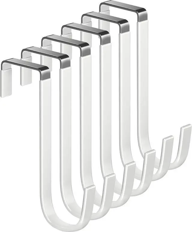 Main image of Single Over Door Steel Hooks 6 Pack Fit 1-3/8" Door 5.5" White | Plastic Coated Rubber Feel Towel Rack Robe Coat Shoe Wreath Hanger No Damage No Scratch for Bathroom Heavy Duty Thin Top