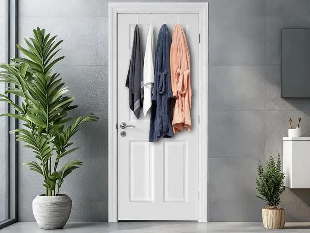 Alt view image 5 of 6 - Single Over Door Steel Hooks 6 Pack Fit 1-3/8" Door 5.5" White | Plastic Coated Rubber Feel Towel Rack Robe Coat Shoe Wreath Hanger No Damage No Scratch for Bathroom Heavy Duty Thin Top