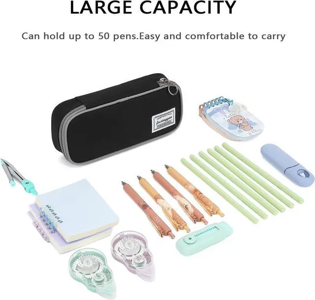 Alt view image 2 of 5 - Pencil Case, Multi-compartment Pencil Pouch, Portable Pencil Bag (Black with Gray)