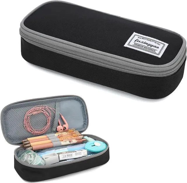Main image of Pencil Case, Multi-compartment Pencil Pouch, Portable Pencil Bag (Black with Gray)