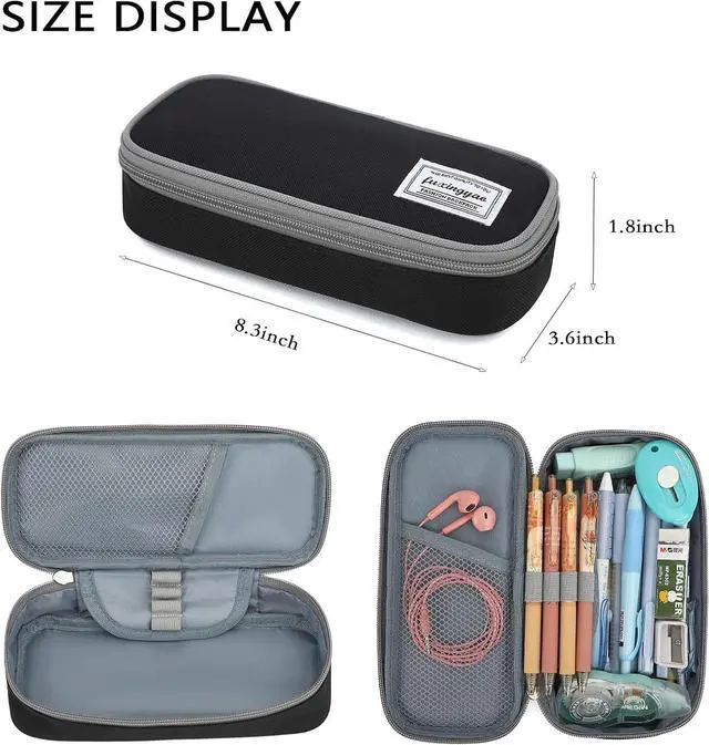 Alt view image 4 of 5 - Pencil Case, Multi-compartment Pencil Pouch, Portable Pencil Bag (Black with Gray)
