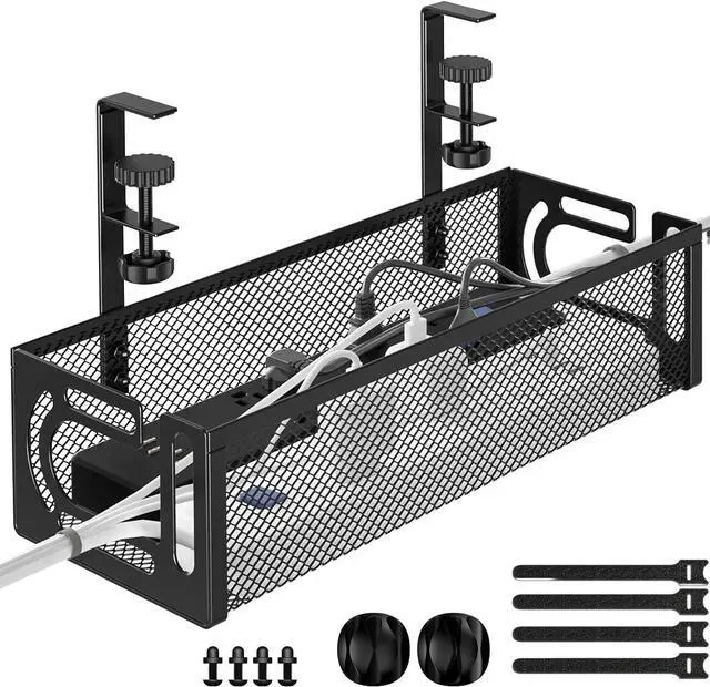 Main image of Under Desk Cable Management Tray, 15.7'' No Drill Steel Desk Cable Organizers, Wire Management Tray Cable Management Rack (1 Pack-Black)