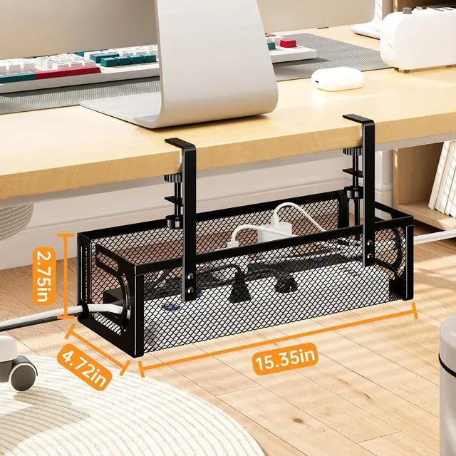 Alt view image 2 of 7 - Under Desk Cable Management Tray, 15.7'' No Drill Steel Desk Cable Organizers, Wire Management Tray Cable Management Rack (1 Pack-Black)