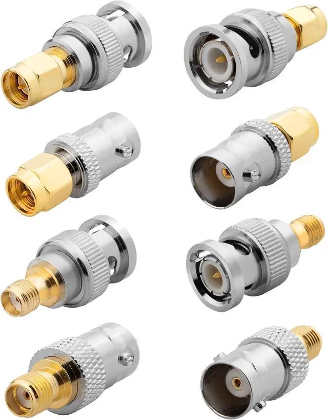 Main image of 8-Pack SMA to BNC Adapter Kit 50 Ohm RF Coaxial Connectors Gold Plated Brass Complete Male/Female Set for RF Radio, Antenna, TV, Test Equipment
