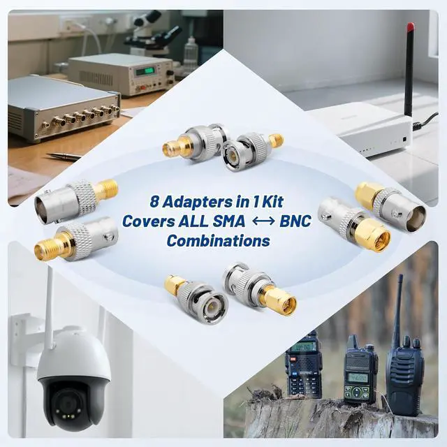 Alt view image 6 of 7 - 8-Pack SMA to BNC Adapter Kit 50 Ohm RF Coaxial Connectors Gold Plated Brass Complete Male/Female Set for RF Radio, Antenna, TV, Test Equipment