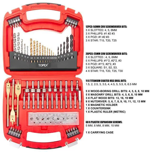 Alt view image 7 of 7 - TOPEX 128 Piece Drill Bit Set HSS Titanium Drill & Screwdriver Bit Set with Case
