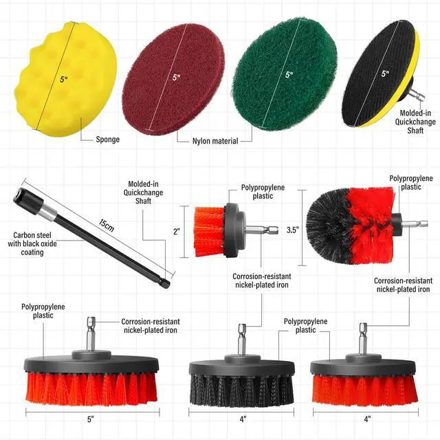 Alt view image 2 of 7 - TOPEX 14-Piece Drill Brush Attachment Kit, 2-in-1 Clean & Polish Power Scrubber Set for Effortless Scrubbing