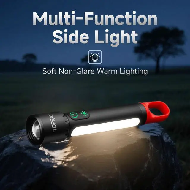 Alt view image 5 of 7 - TOPEX LED Torch Rechargeable, 800 Lumens, 600M Super Bright Adjustable Focus Flashlight, 9 Lighting Modes, Waterproof Torch for Camping, Outdoor