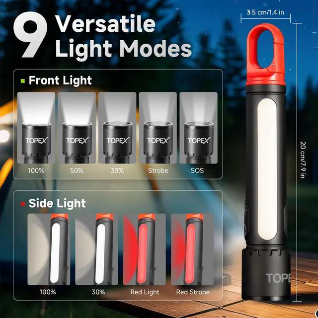 Alt view image 3 of 7 - TOPEX LED Torch Rechargeable, 800 Lumens, 600M Super Bright Adjustable Focus Flashlight, 9 Lighting Modes, Waterproof Torch for Camping, Outdoor