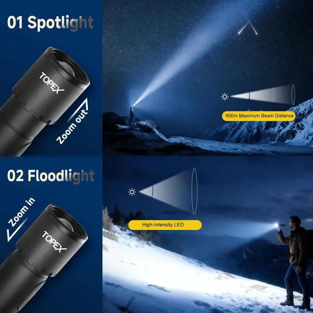 Alt view image 4 of 7 - TOPEX LED Torch Rechargeable, 800 Lumens, 600M Super Bright Adjustable Focus Flashlight, 9 Lighting Modes, Waterproof Torch for Camping, Outdoor